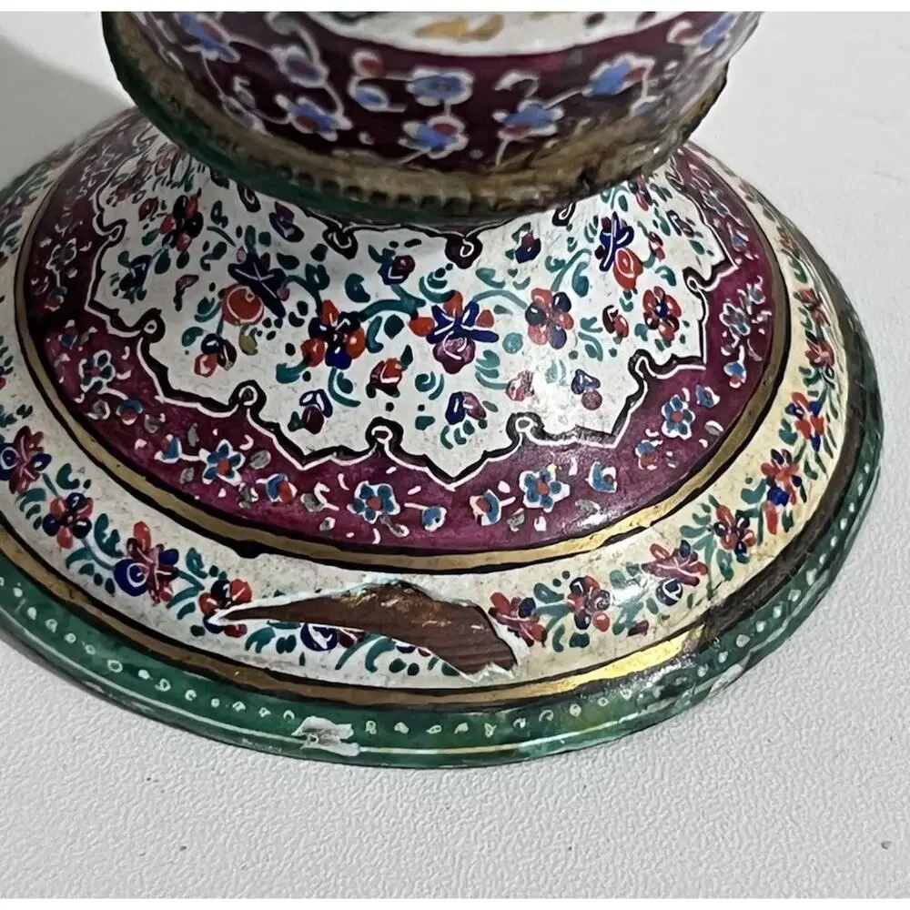 Vintage Antique Iznik Minakari Enameled Birds And Floral Decorations Copper Vase